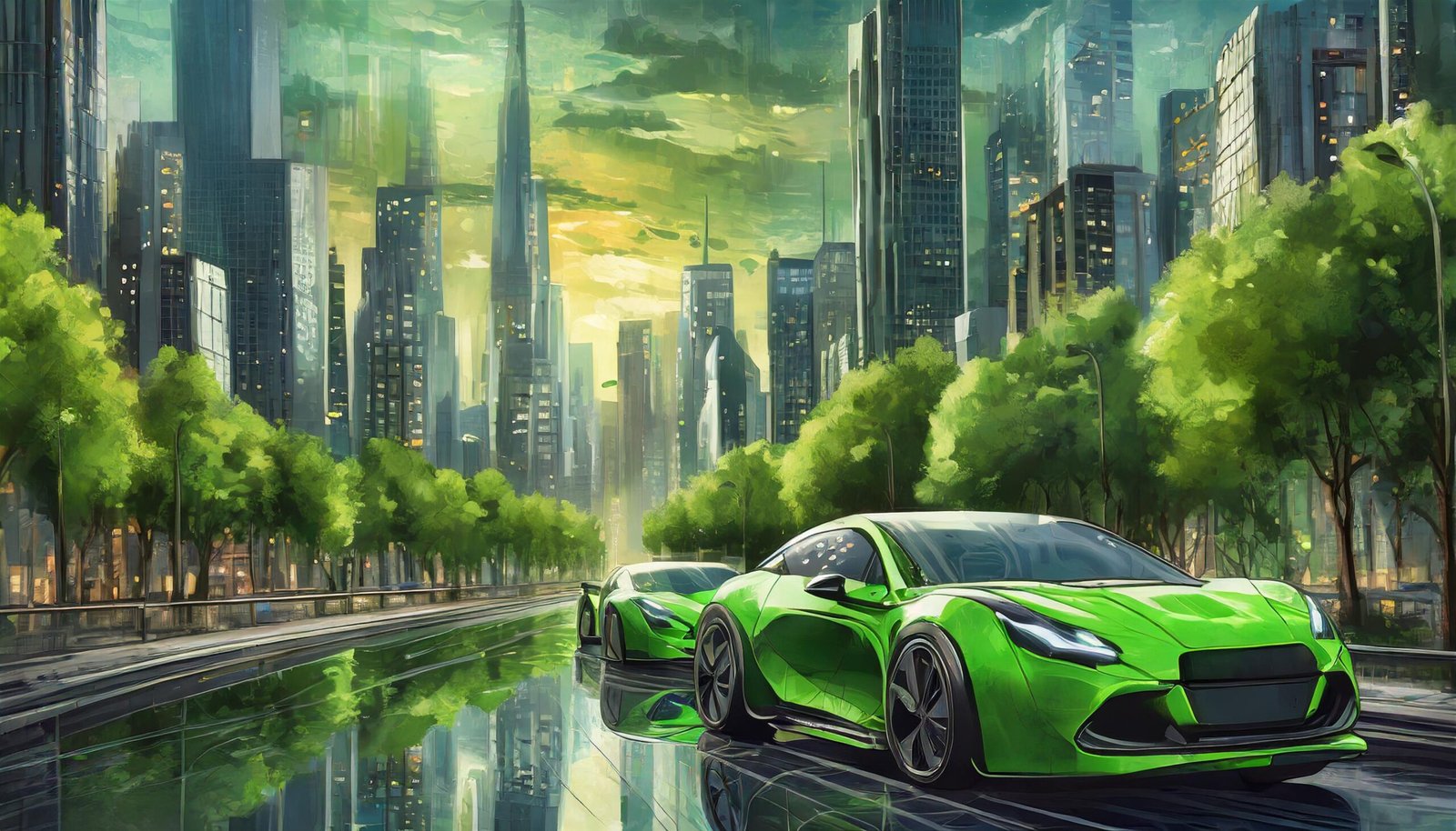 modern electric cars traverse the streets.