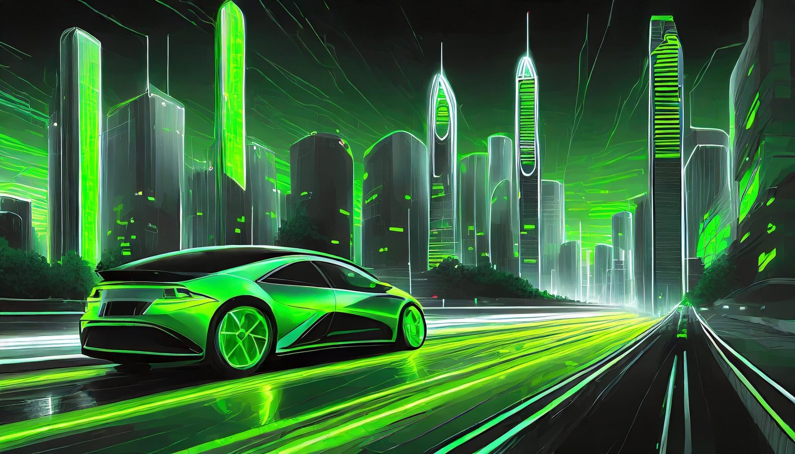 vibrant green as EV cars move through the streets